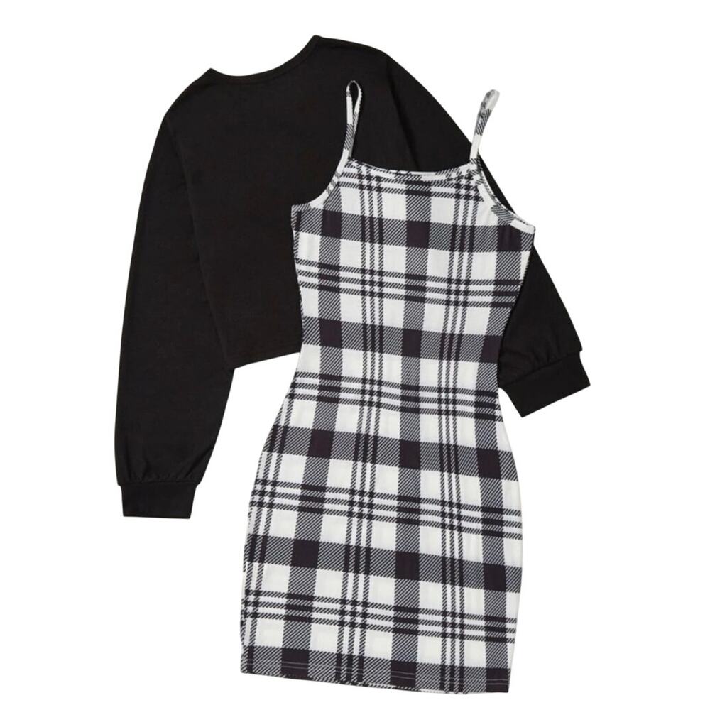 Plaid Cami Bodycon Dress with Solid Long Sleeve Crop Tee Women's Size 14 NWOT